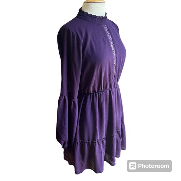 Purple Small Mock Neck Long Sleeve Tiered Keyhole Closure Lace Detail Mini Dress - Picture 3 of 5